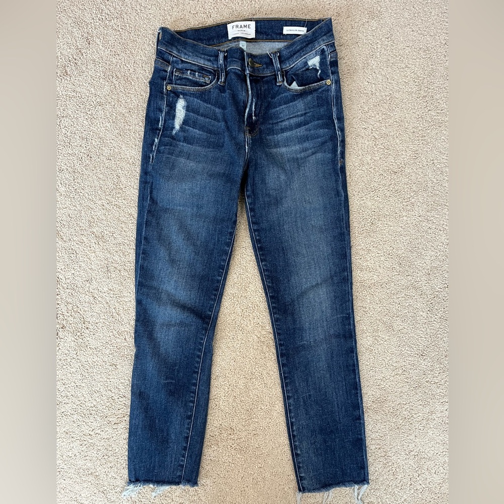 Frame Le Skinny de Jeanne Cropped Distressed Frayed Medium Wash Jeans Women’s 27